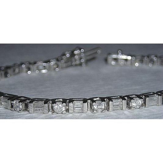 11.40 carats. Bracelet Tennis Réel Diamants WG Baguettes & Diamants Ronds