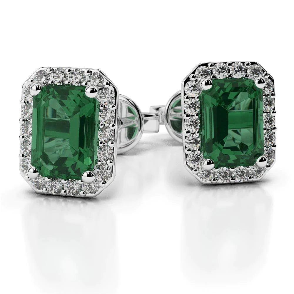 11.50 Carats Boucles D'oreilles Halo Emeraude Vert Et Diamants Or Blanc 14K