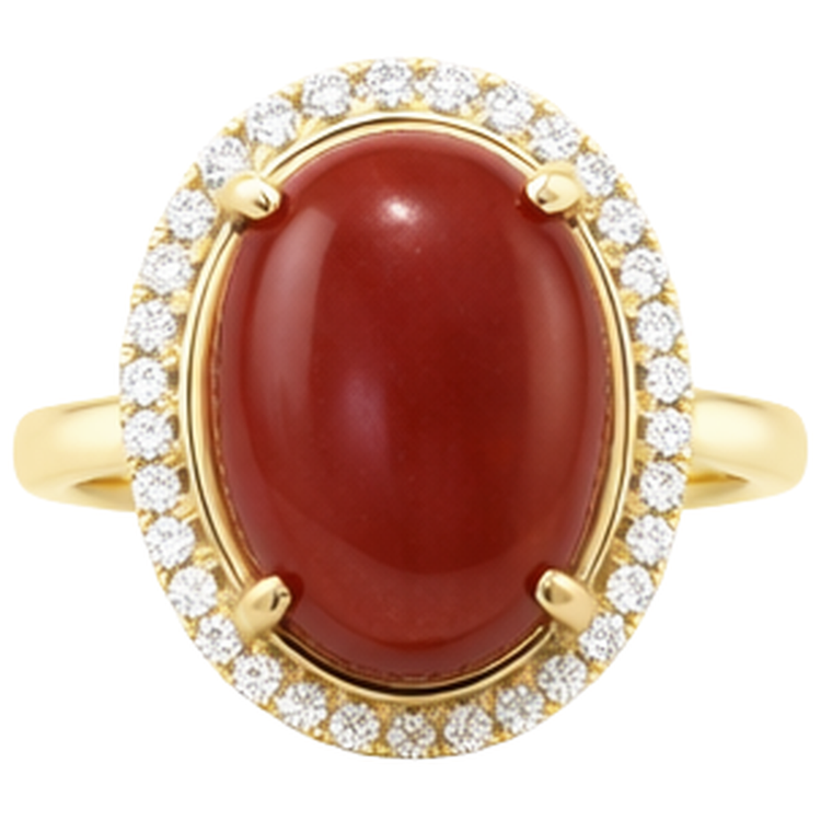12.50 Carats Corail Rouge Avec Diamants Naturels Extraits des Mines ( et non cultivés en laboratoire ) Alliance Or Jaune 14K