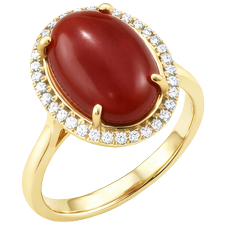 12.50 Carats Corail Rouge Avec Diamants Naturels Extraits des Mines ( et non cultivés en laboratoire ) Alliance Or Jaune 14K