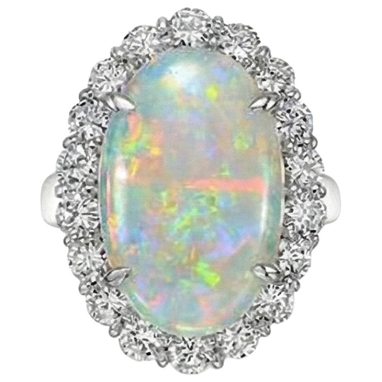12.50 Carats Opale Et Diamants Naturels Extraits des Mines ( et non cultivés en laboratoire ) Alliance Neuf Or Blanc 14K