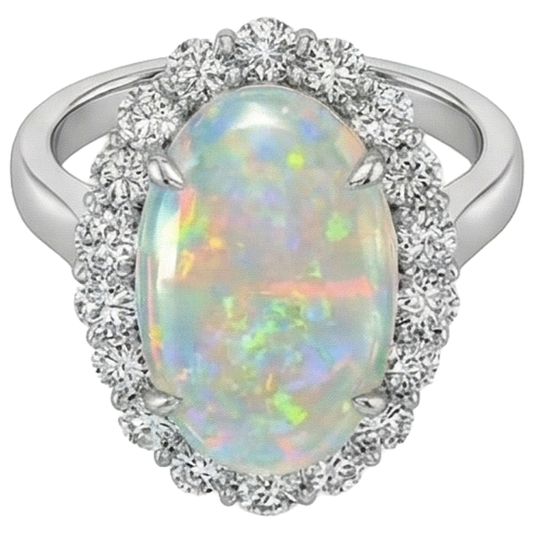 12.50 Carats Opale Et Diamants Naturels Extraits des Mines ( et non cultivés en laboratoire ) Alliance Neuf Or Blanc 14K