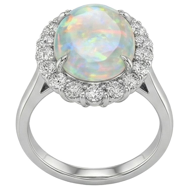 12.50 Carats Opale Et Diamants Naturels Extraits des Mines ( et non cultivés en laboratoire ) Alliance Neuf Or Blanc 14K