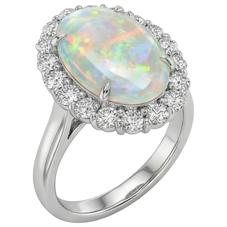 12.50 Carats Opale Et Diamants Naturels Extraits des Mines ( et non cultivés en laboratoire ) Alliance Neuf Or Blanc 14K