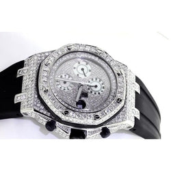 12 ct. Montre pour hommes avec lunette en diamant personnalisée Ap Bracelet en cuir noir acier inoxydable