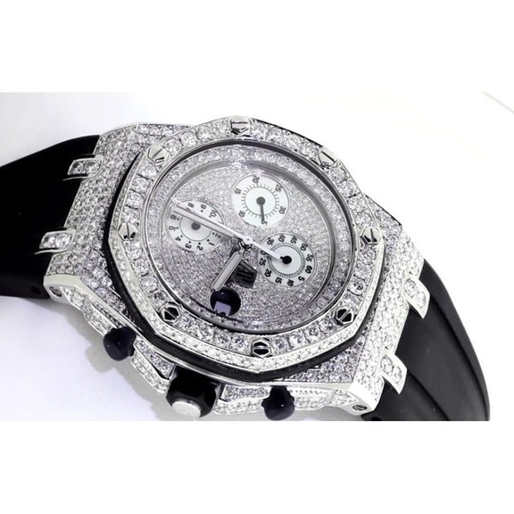 12 ct. Montre pour hommes avec lunette en diamant personnalisée Ap Bracelet en cuir noir acier inoxydable2