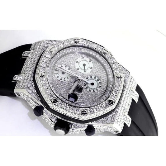 12 ct. Montre pour hommes avec lunette en diamant personnalisée Ap Bracelet en cuir noir acier inoxydable2
