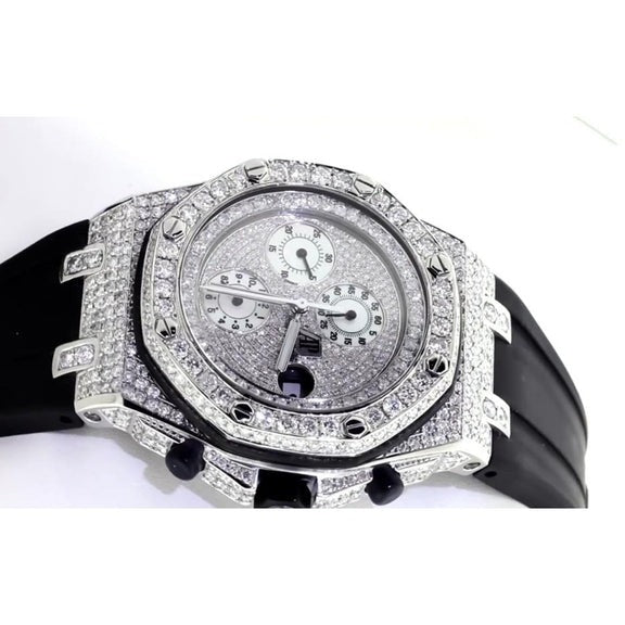 12 ct. Montre pour hommes avec lunette en diamant personnalisée Ap Bracelet en cuir noir acier inoxydable