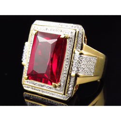 13 carats Gros émeraude Taille Rouge Bague Rubis Homme Avec Diamant Ur Jaune 14K