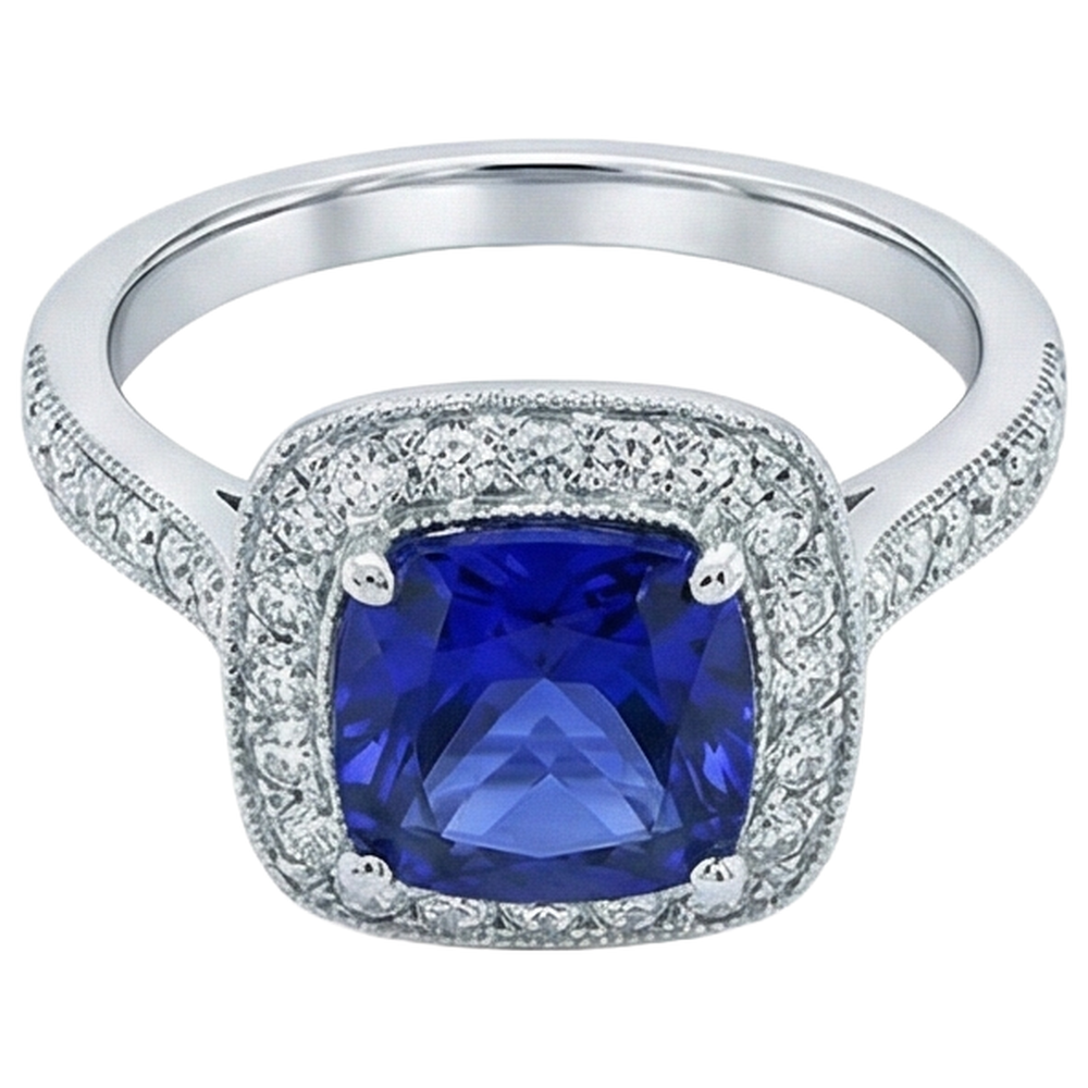 naturel cushion tanzanite 14.75carats bague détail rapproché