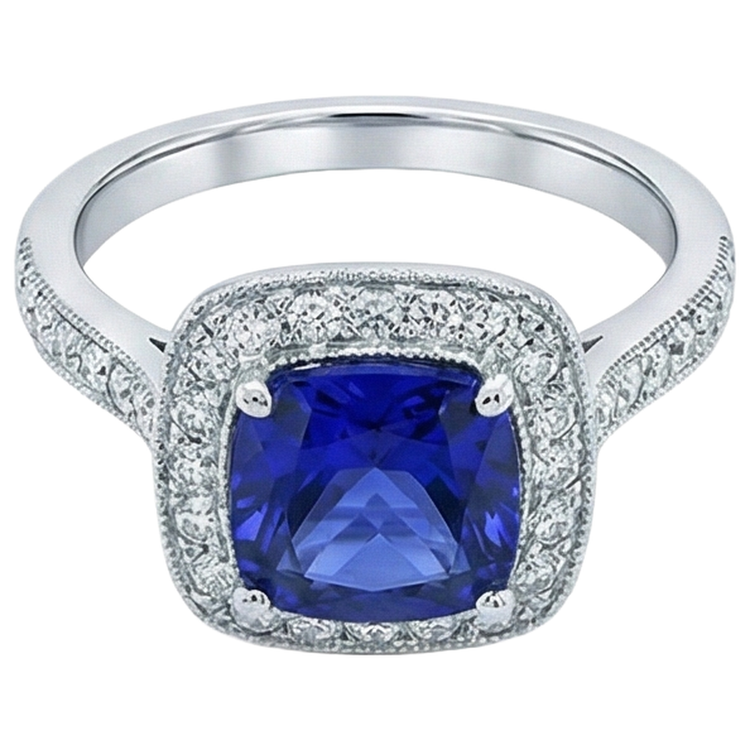 naturel cushion tanzanite 14.75carats bague détail rapproché
