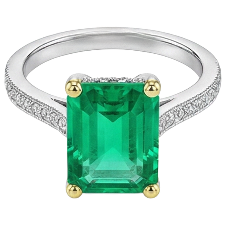 Taille Émeraude Émeraude Colombienne bague en Or 14K Bicolore – vue de face