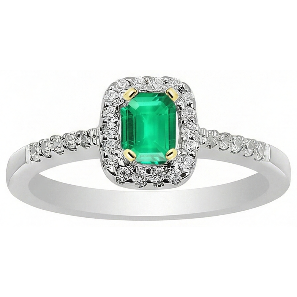 Bague Pierre de Couleur Or Bicolore 14 Carats avec Émeraude Fine – vue d'angle