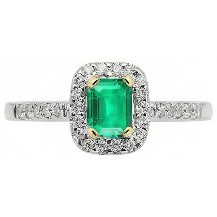 Émeraude Fine Taille à Degrés Bague Pierre de Couleur en Or Bicolore 14 Carats – vue de face