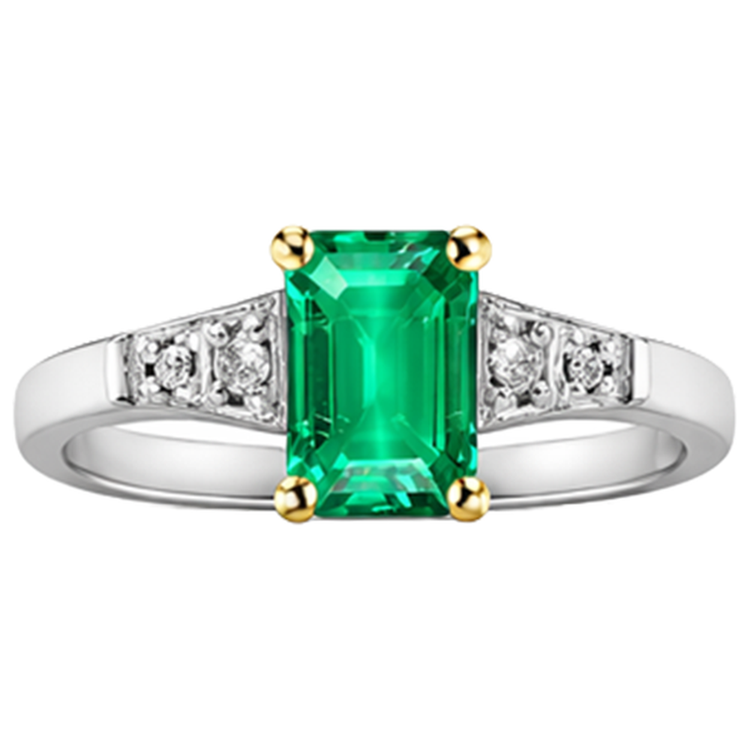 Émeraude Fine Taille Émeraude Bague Pierre de Couleur en Or 14K Bicolore – vue d'angle