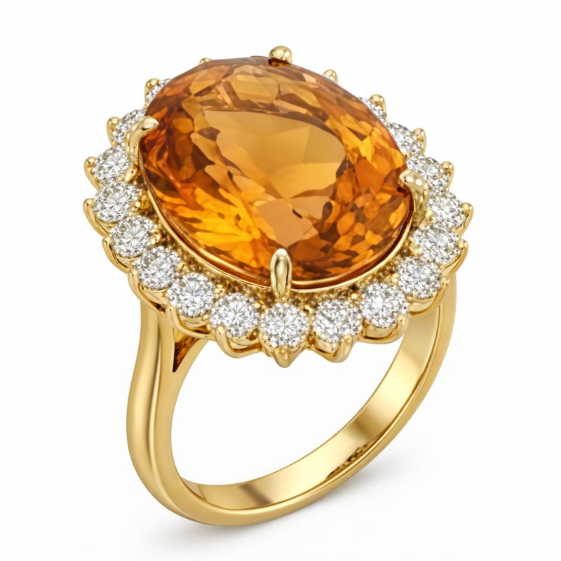 Citrine Dorée Taille Ovale Bague Pierre Précieuse en Or Jaune 14 Carats – vue d'angle