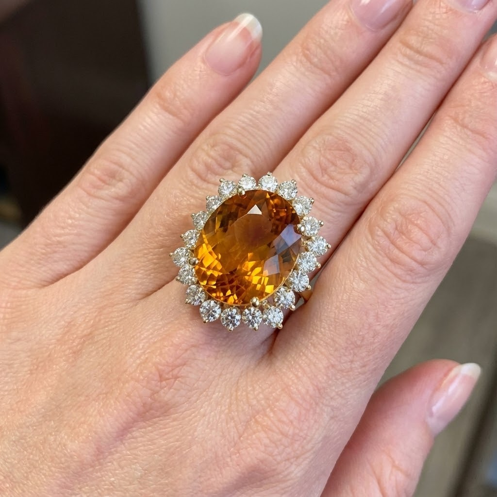Citrine Dorée Taille Ovale Bague Pierre Précieuse en Or Jaune 14 Carats – vue détaillée