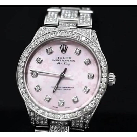 15 ct. Cadran et lunette en diamant personnalisés Montre Rolex acier inoxydable Roi de l'air