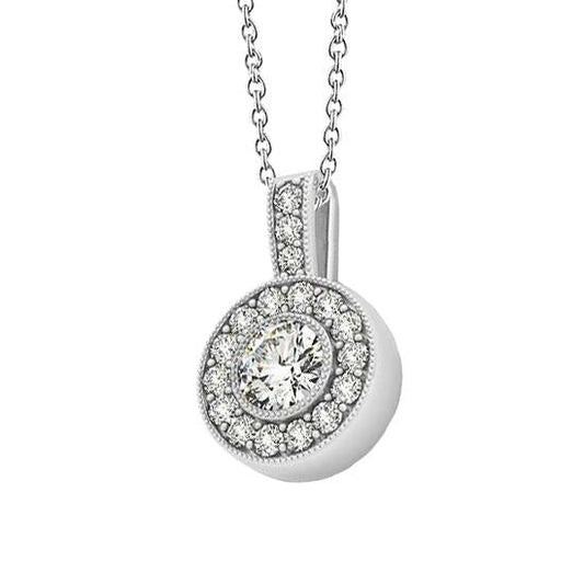 1.25 CT. Collier Pendentif Millgrain Naturel Diamant Rond Sans Chaîne WG 14K