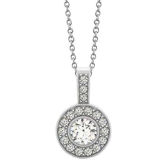 1.25 CT. Collier Pendentif Millgrain Naturel Diamant Rond Sans Chaîne WG 14K