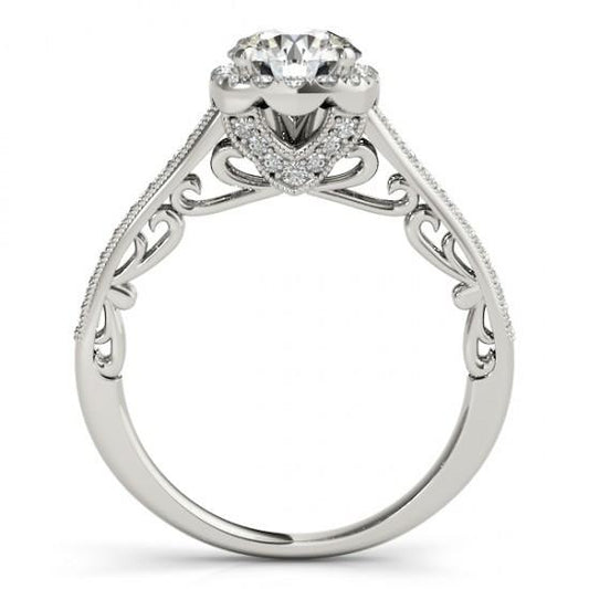 1.50 Carats Bague De Fiançailles Halo Véritable Diamant Rond Filigrane Or Blanc 14K