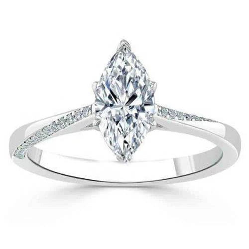 1.50 Carats Bague Réel Diamant Taille Marquise Avec Accents Or Blanc 14K