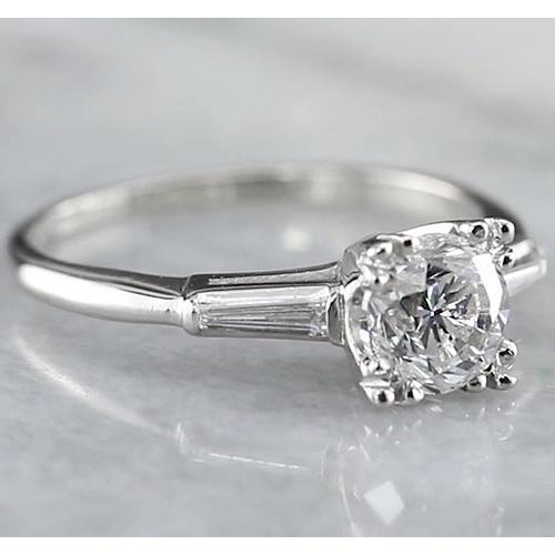 1.50 Carats Bague Trois Pierres Réel Diamant Rond Baguettes Or Blanc 14K