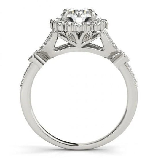 1.50 Carats Halo Bague de Fiançailles Réel Diamant Rond Or Blanc 14K