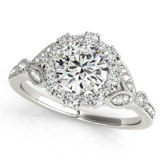 1.50 Carats Halo Bague de Fiançailles Réel Diamant Rond Or Blanc 14K