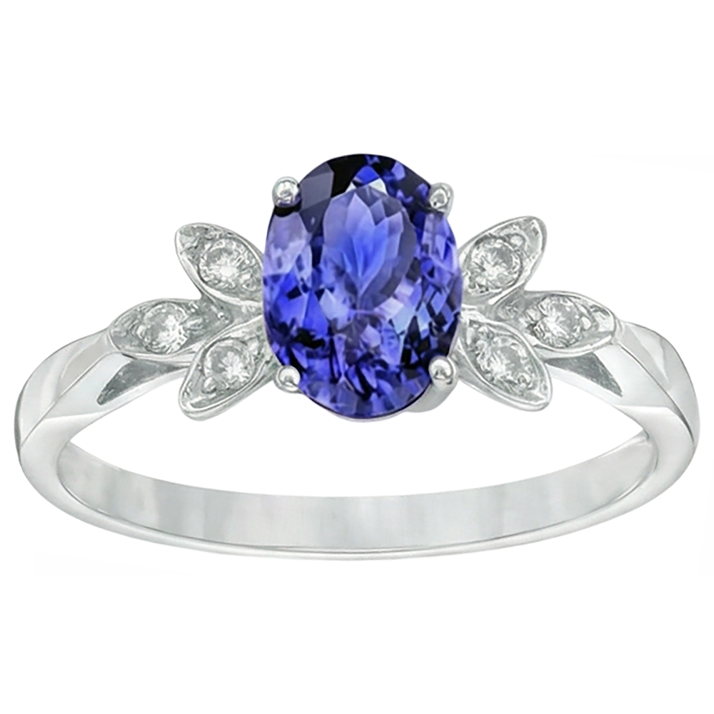 Tanzanite Bleue Taille Ovale Bague avec Gemme en Or 14K Blanc – vue de face