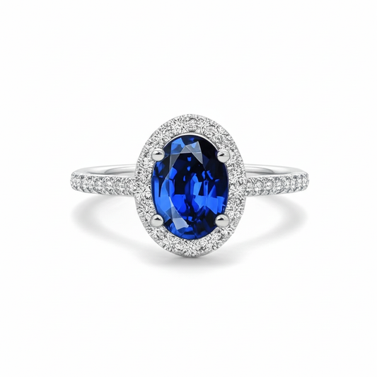 2.25 Carats Alliance Saphir Bleu Ovale Et Diamant Or Blanc 14K