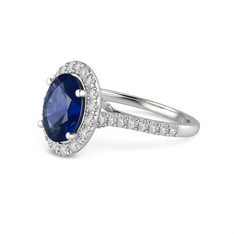 2.25 Carats Alliance Saphir Bleu Ovale Et Diamant Or Blanc 14K