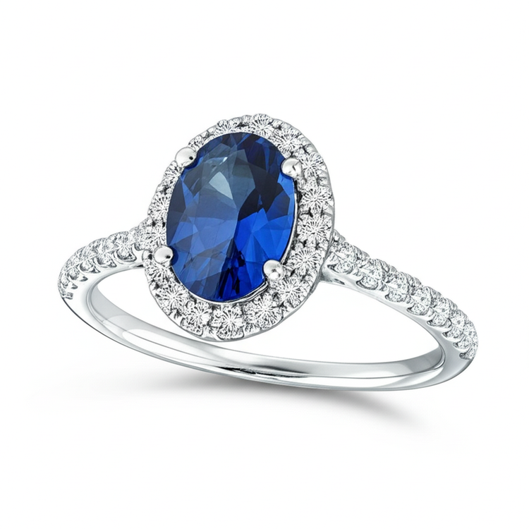 2.25 Carats Alliance Saphir Bleu Ovale Et Diamant Or Blanc 14K