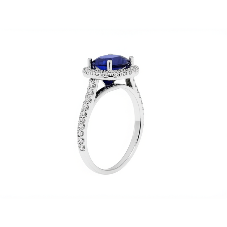 2.25 Carats Alliance Saphir Bleu Ovale Et Diamant Or Blanc 14K