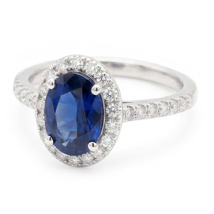 2.25 Carats Alliance Saphir Bleu Ovale Et Diamant Or Blanc 14K