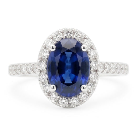 2.25 Carats Alliance Saphir Bleu Ovale Et Diamant Or Blanc 14K