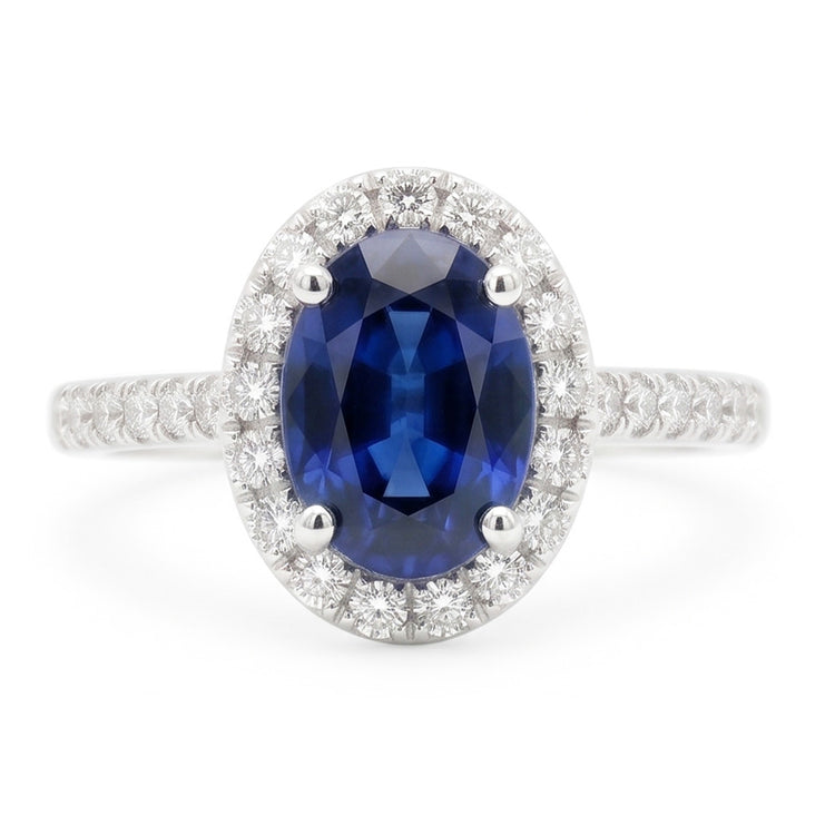 2.25 Carats Alliance Saphir Bleu Ovale Et Diamant Or Blanc 14K