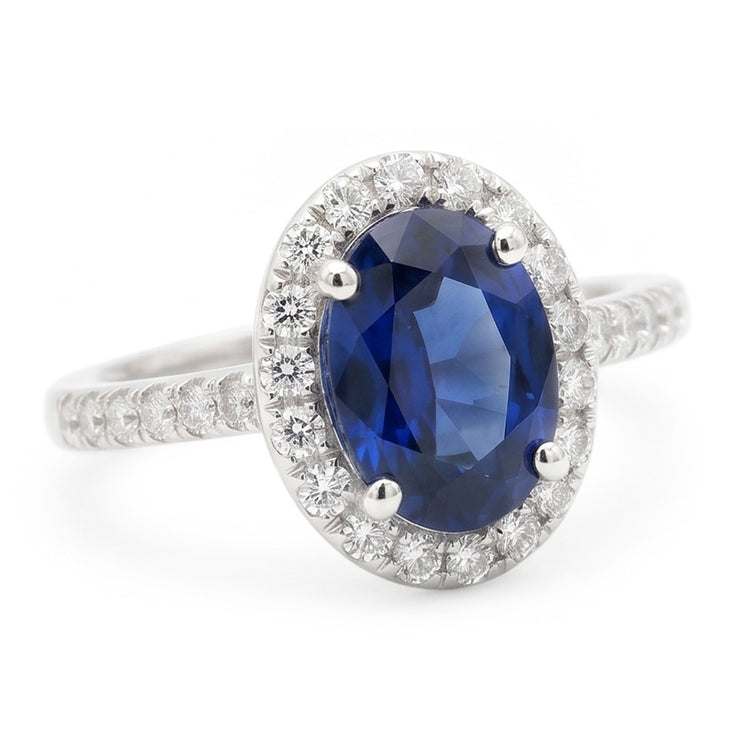2.25 Carats Alliance Saphir Bleu Ovale Et Diamant Or Blanc 14K