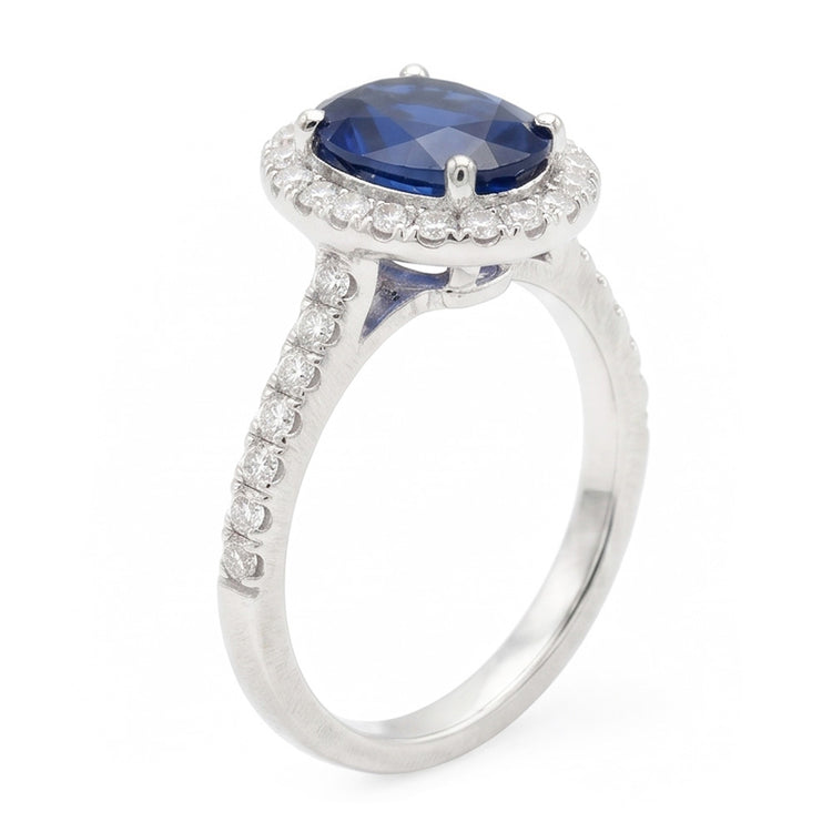 2.25 Carats Alliance Saphir Bleu Ovale Et Diamant Or Blanc 14K