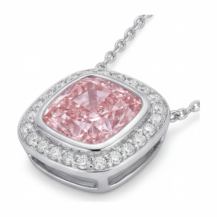 Collier avec Pendentif Halo Coussin en Diamant Rose de laboratoire 2,25 Carats en Or Blanc 14 Carats