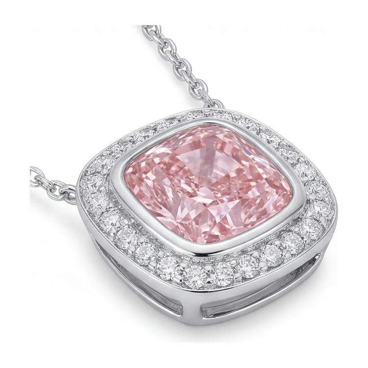 Collier Pendentif Diamant Rose de laboratoire 2,25 Carats Coussin Halo en Or Blanc 14 Carats