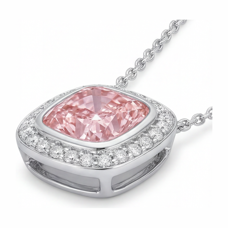 Collier avec Pendentif Halo Coussin en Diamant Rose de laboratoire 2,25 Carats en Or Blanc 14 Carats