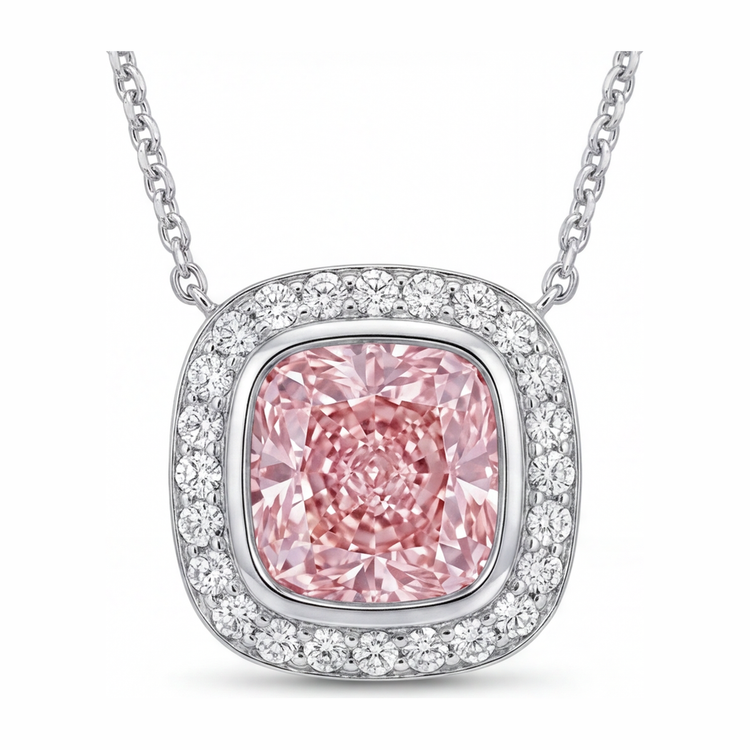 Collier Pendentif Diamant Rose de laboratoire 2,25 Carats Coussin Halo en Or Blanc 14 Carats