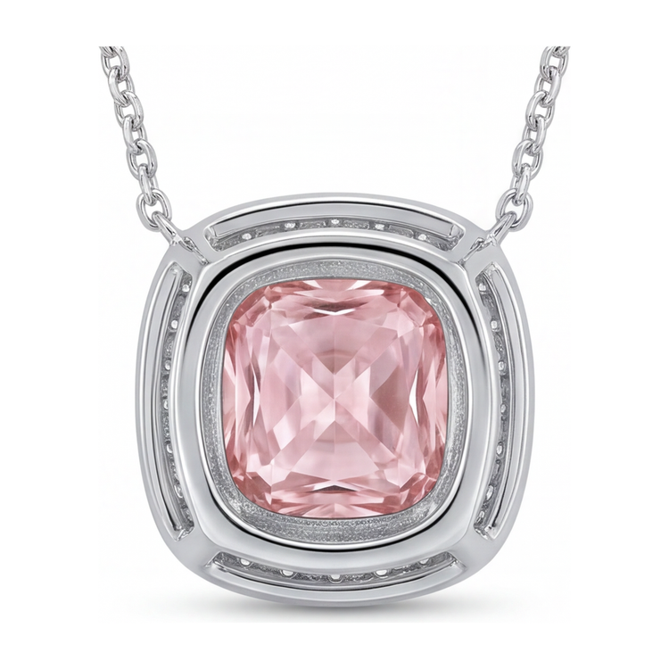 Collier Pendentif Diamant Rose de laboratoire 2,25 Carats Coussin Halo en Or Blanc 14 Carats