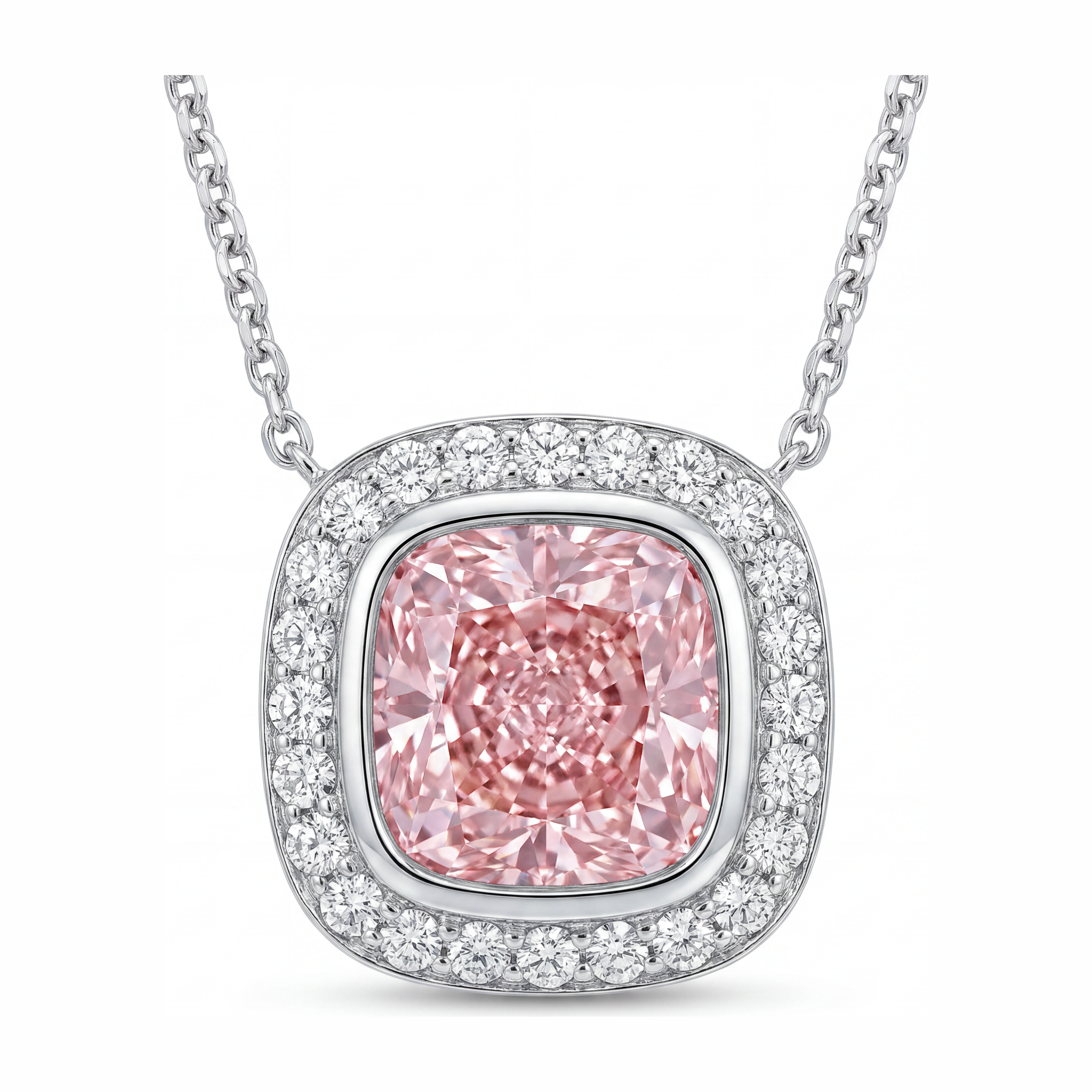 Collier avec Pendentif Halo Coussin en Diamant Rose de laboratoire 2,25 Carats en Or Blanc 14 Carats