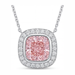 Collier Pendentif Diamant Rose de laboratoire 2,25 Carats Coussin Halo en Or Blanc 14 Carats
