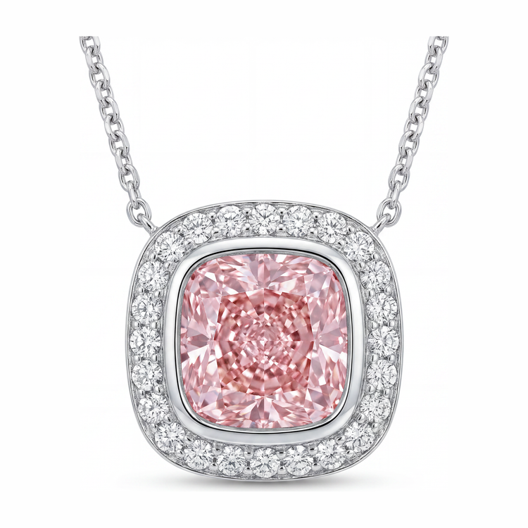 Collier Pendentif Diamant Rose de laboratoire 2,25 Carats Coussin Halo en Or Blanc 14 Carats