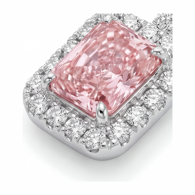 Collier avec pendentif halo diamant rose de laboratoire 2,25 carats taille radiant en or blanc 14K