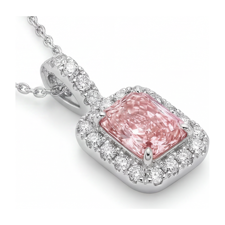 Collier avec pendentif Halo diamant rose de laboratoire taille radiant 2,25 carats en Or Blanc 14 carats