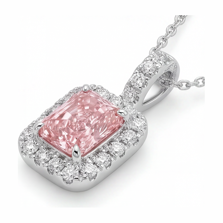 Collier avec pendentif halo diamant rose de laboratoire 2,25 carats taille radiant en or blanc 14K
